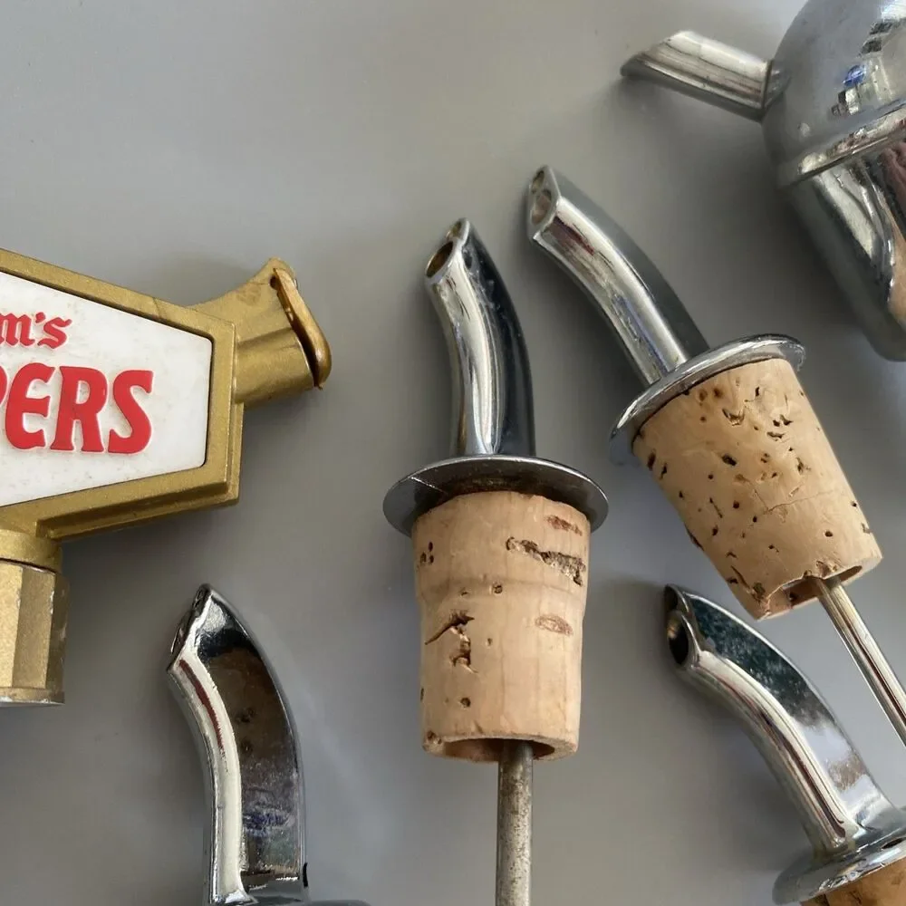 8 Vintage Mid-Century Modern Drink Liquor Bottle Shot Pourers Spouts Chrome Ads